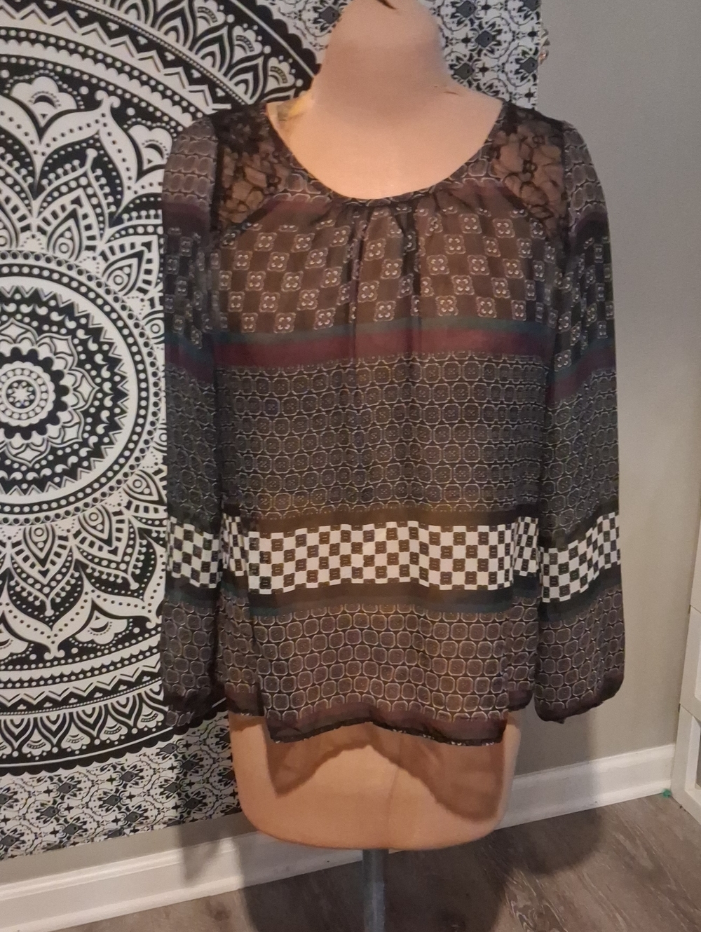 Maurices Sheer Patterned Blouse in Black with Cream Check